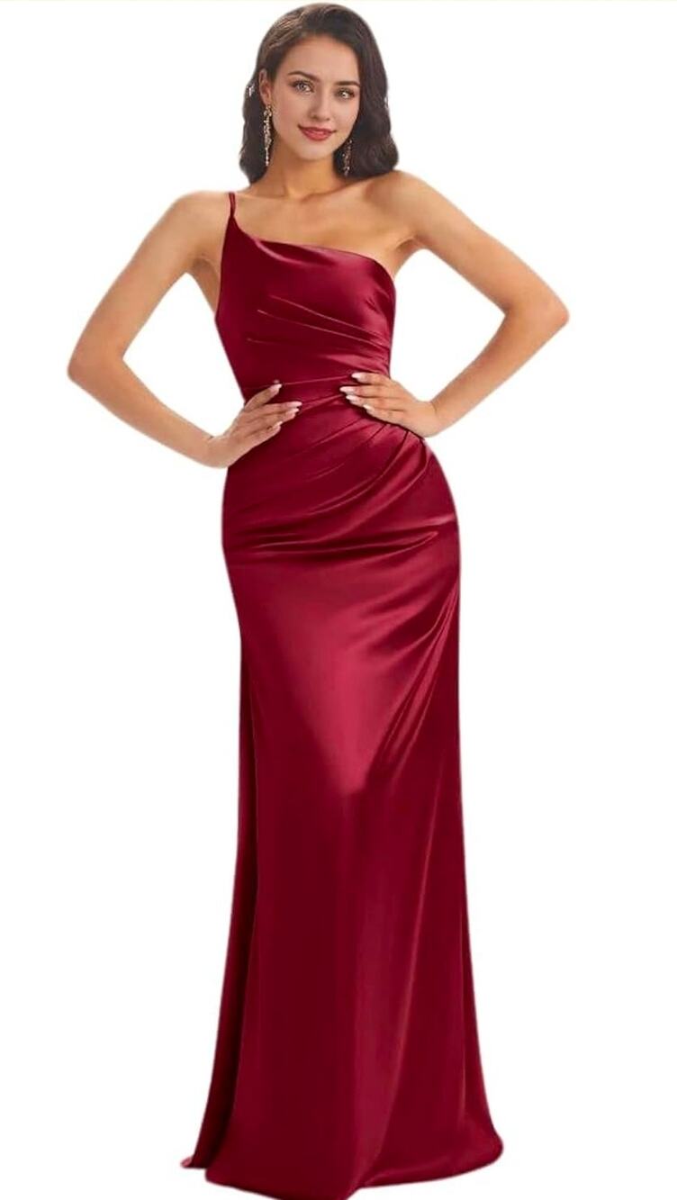 Satin one shoulder formal gown burgundy laced back Size 4 High slit Prom wedding